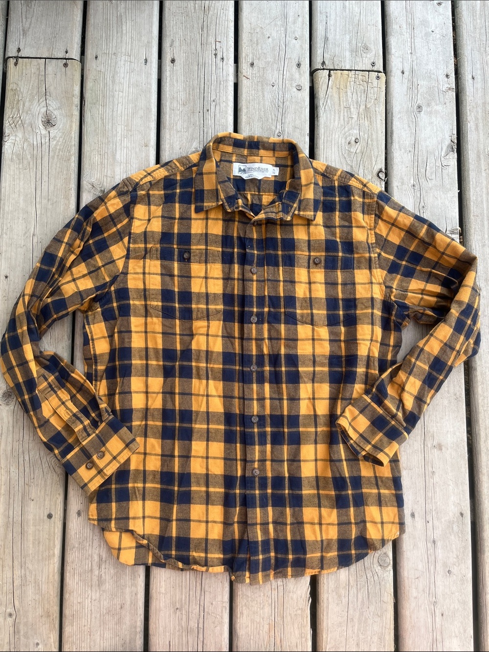 Wind River Cotton Yellow and Navy Plaid Button-Up Flannel Shirt Size XL